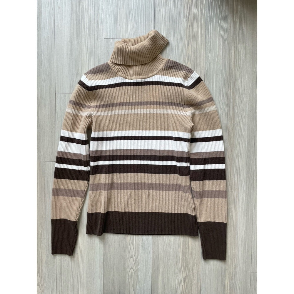 St. John's Bay Women's Brown/Beige/White Striped Knit Turtleneck Sweater Sz M